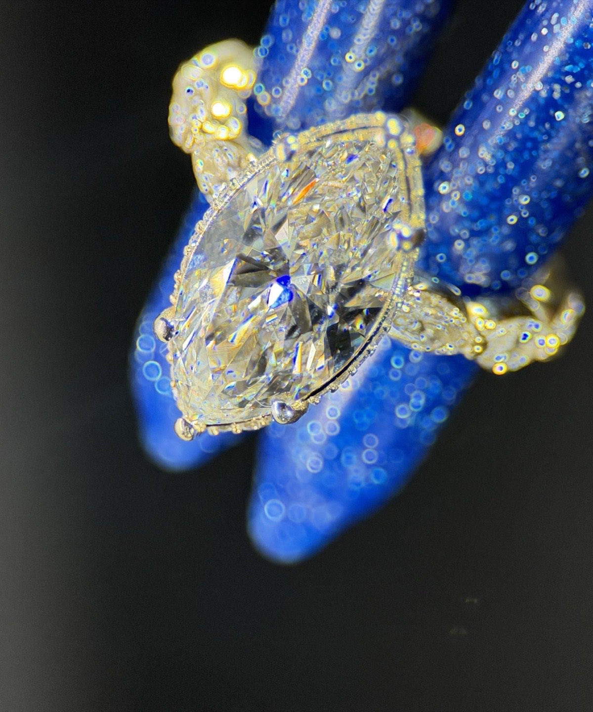 A marquise diamond photographed close up